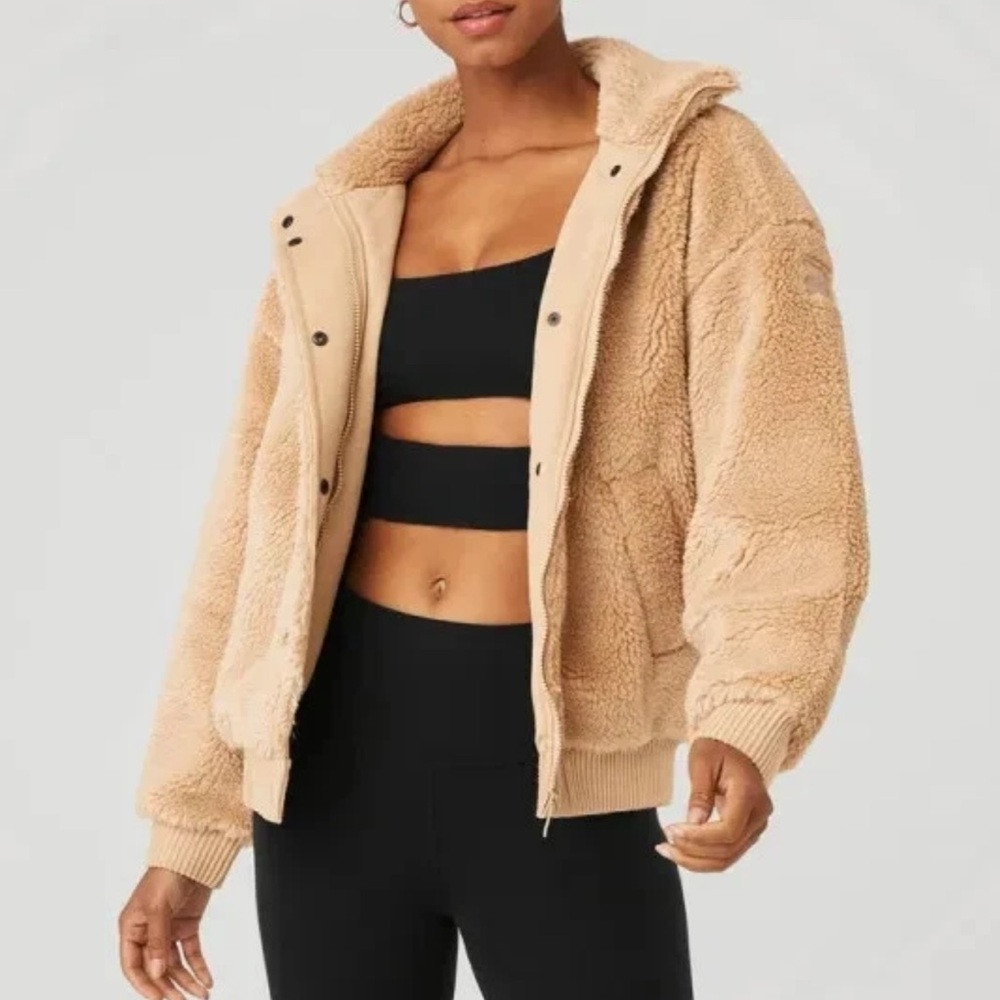 Alo Yoga Sherpa Varsity Full Zip Jacket Camel Women's Size Large $228